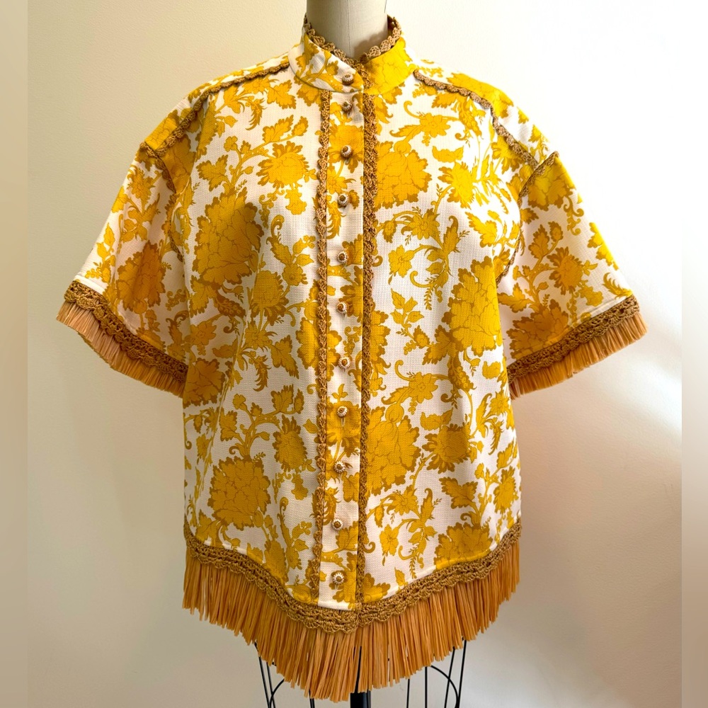 ZIMMERMAN Floral oversized shirt with Rafia fringe.